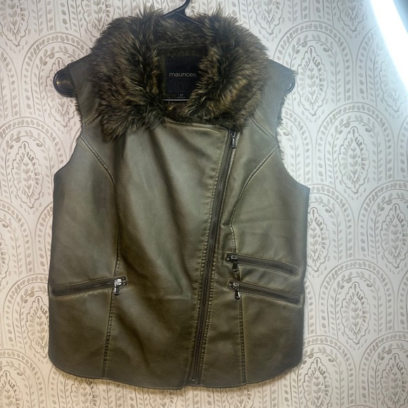 Maurices Jackets & Blazers - Maurices Womens Olive Faux Leather Fur Lined Moto Vest Size L